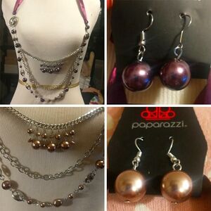 3X! Paparrazi Satin & Silver-toned Layered Necklace & Matching Pearl Earrings